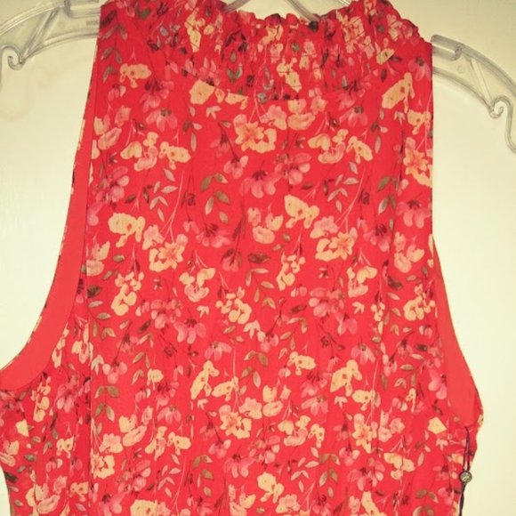 Sam Edelman Orange Coral Floral Sleeveless Smocked Handkerchief Hem dress Sz L - Picture 6 of 15